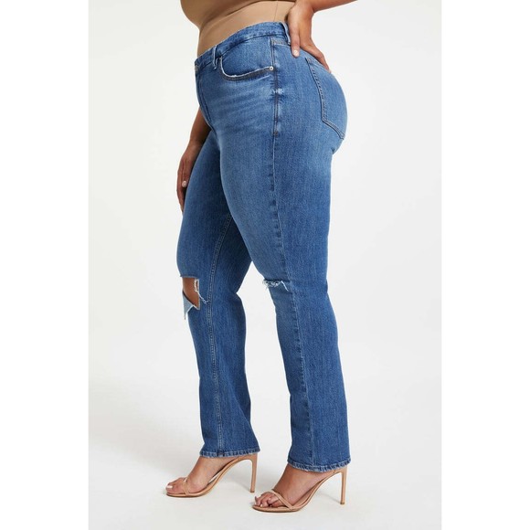 Good American Good Icon 90s Denim Jean 16 Straight High Rise Distress Light Blue - Picture 2 of 6